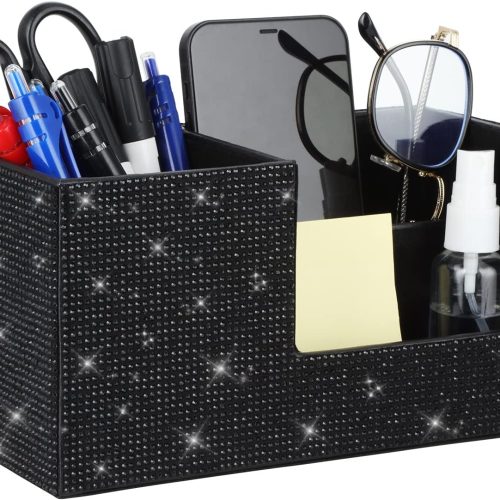 Bling Rhinestone Multifunctional Pen Holder Storage Box for Desk White