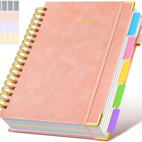 Hardcover Spiral Notebook Journal with Removable Dividers Tabs 300 Pages Leather 5 Subject Notebook College Ruled 8X10 Large B5 Notebooks for Work School Note Taking Lined Journal for Women Pink