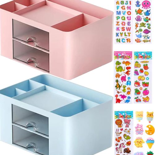Multifunctional Pen Holder Desk Organiser with Drawers and 5 Compartments Pink Blue